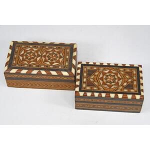 2 VTG Mosaic Inlaid Wood Trinket Jewl Box Lacquer Marquetry Mother of Pearl Star